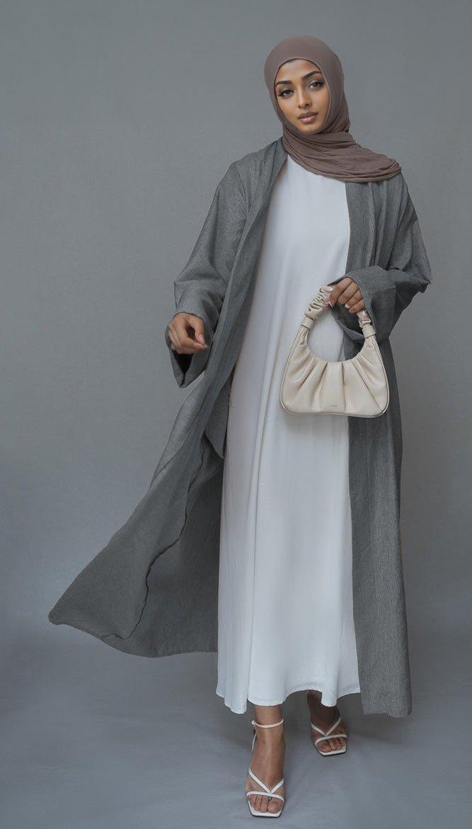 Gray Lounia maxi throw over abaya in light linen fabric with a detachable belt - ANNAH HARIRI