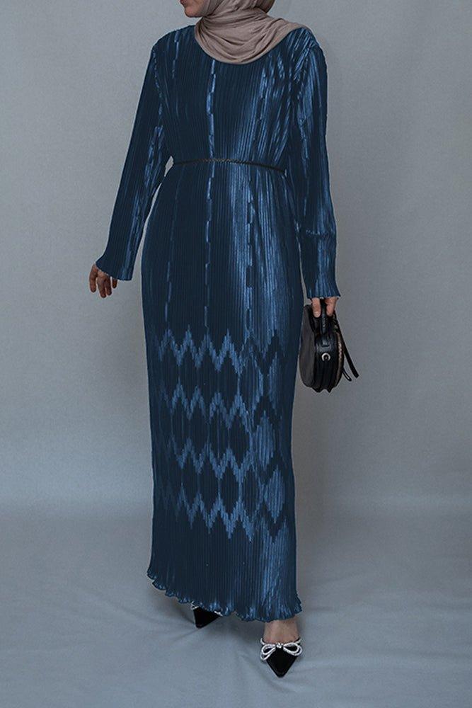 Gray Pleated maxi pencil dress with a embossed skirt and a string belt - ANNAH HARIRI