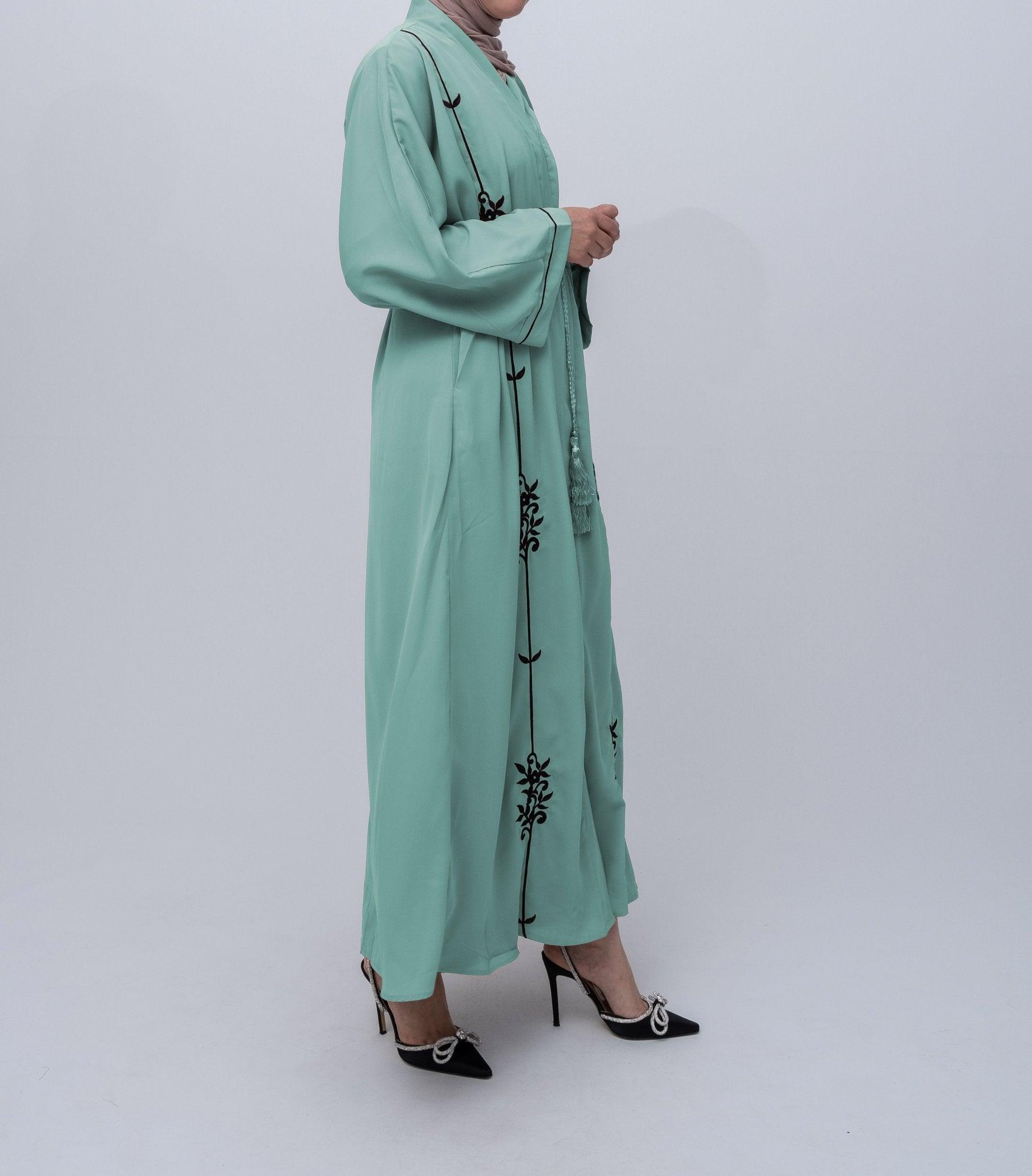 Green Eedith embroidered abaya with tassel belt and kimono sleeves details Eid occasion abaya - ANNAH HARIRI