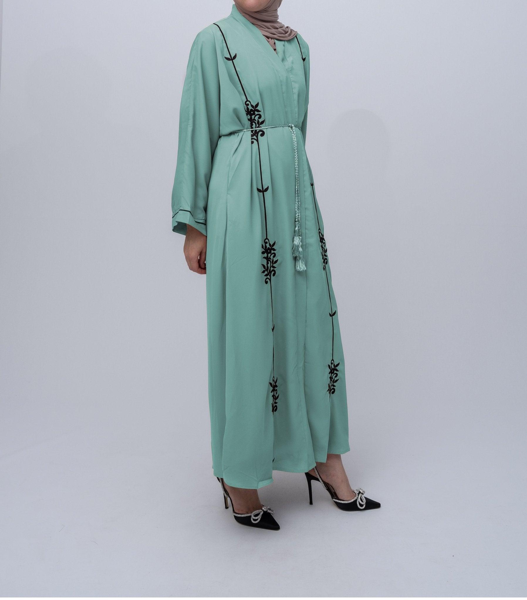 Green Eedith embroidered abaya with tassel belt and kimono sleeves details Eid occasion abaya - ANNAH HARIRI