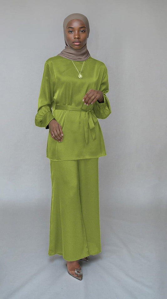 Green Elzara modest set with spanish cut pants and top petite sizes only - ANNAH HARIRI