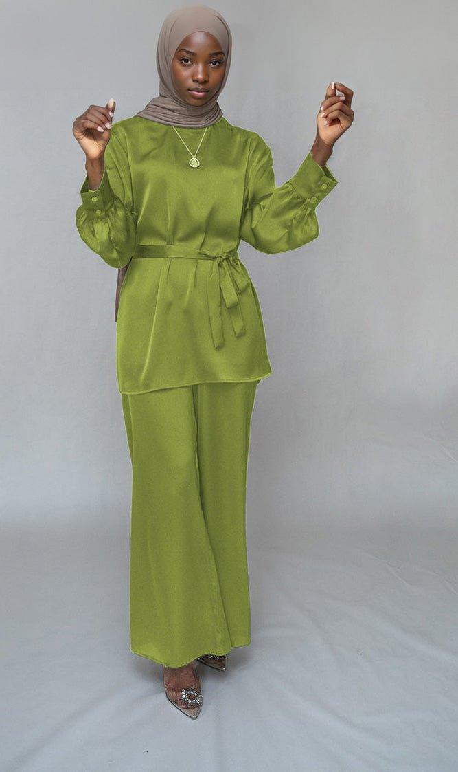 Green Elzara modest set with spanish cut pants and top petite sizes only - ANNAH HARIRI