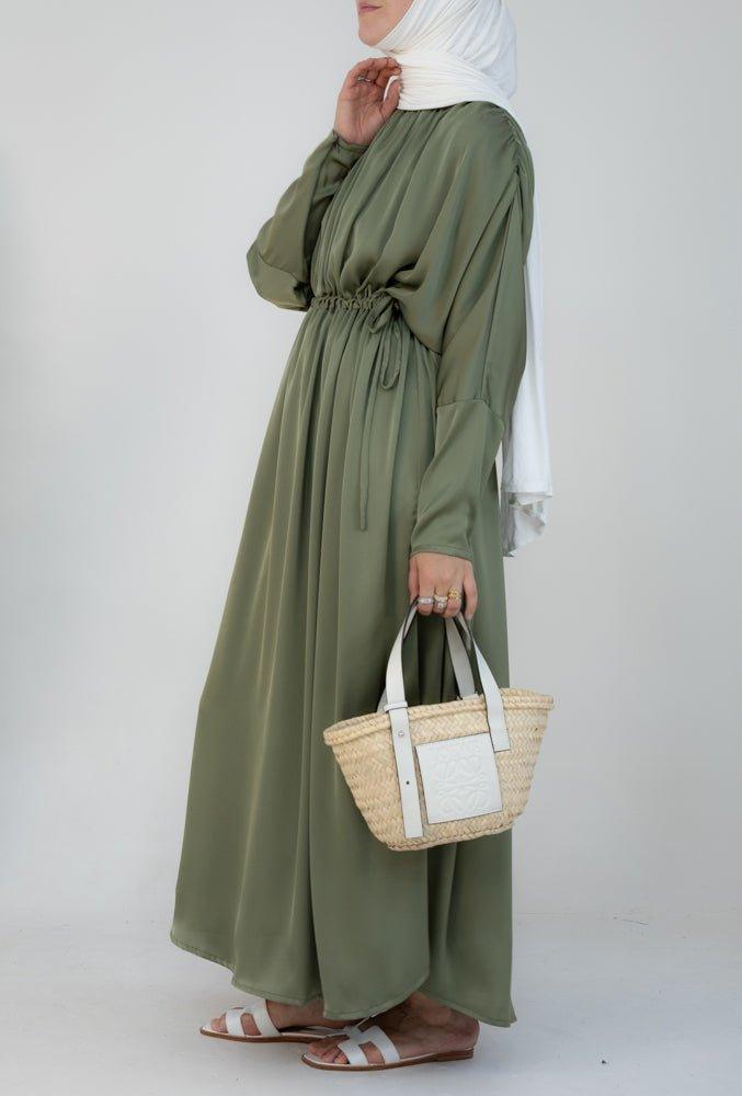 Green Lilita gathered batwing sleeve maxi dress with tie waist and boat neck in satin - ANNAH HARIRI