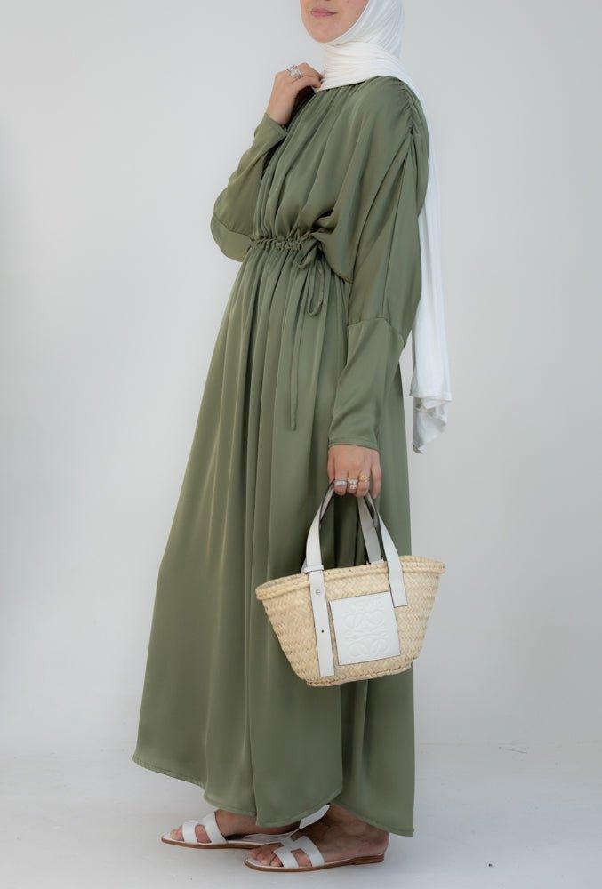 Green Lilita gathered batwing sleeve maxi dress with tie waist and boat neck in satin - ANNAH HARIRI