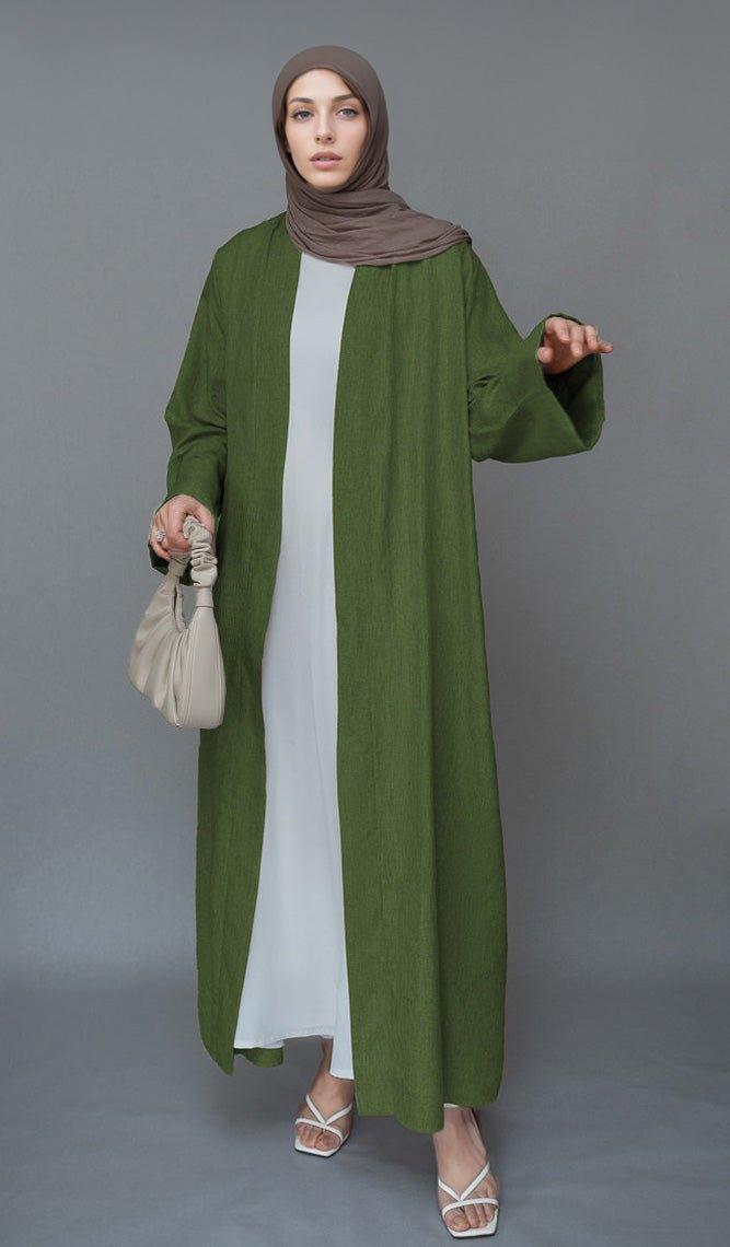 Green Lounia maxi throw over abaya in light linen fabric with a detachable belt - ANNAH HARIRI