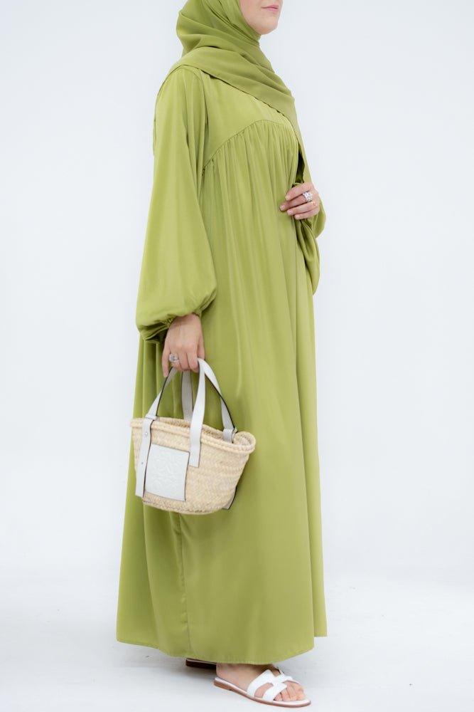 Green Monkii loose abaya dress with gathered bodice and pockets - ANNAH HARIRI