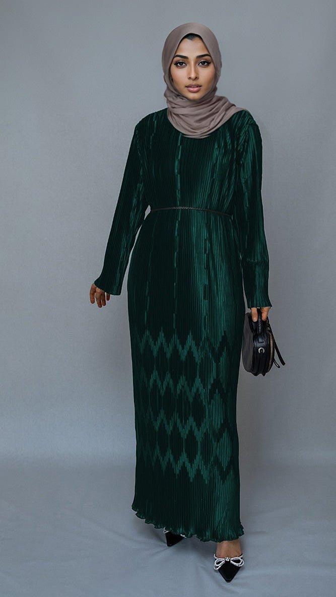 Green Pleated maxi pencil dress with a embossed skirt and a string belt - ANNAH HARIRI