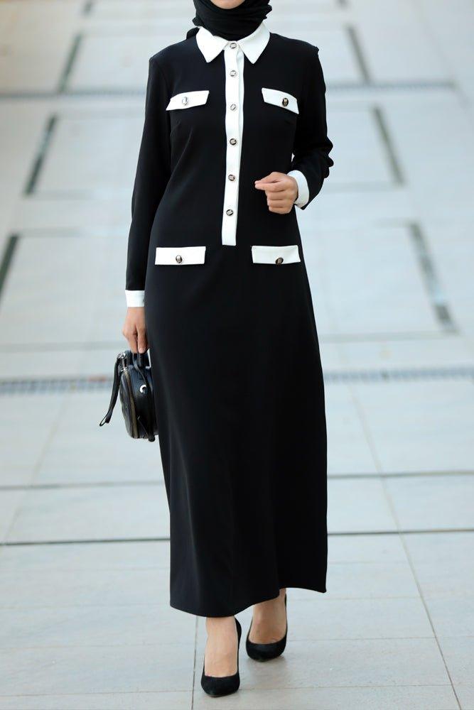 Inna Black maxi dress with contrast patch white pockets - ANNAH HARIRI