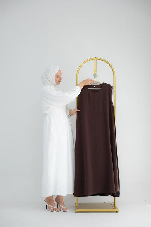 Iris Slip dress maxi length sleeveless in mat crinkle effect fabric in dark coffee color - ANNAH HARIRI