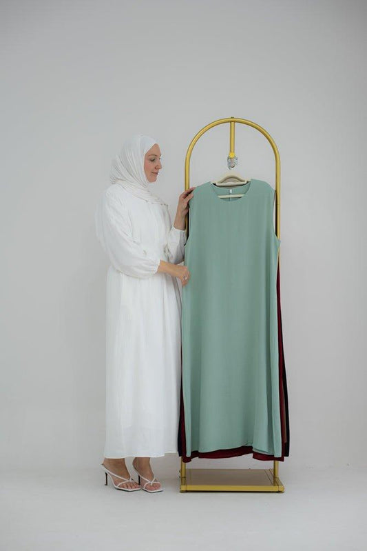Iris Slip dress maxi length sleeveless in mat crinkle effect fabric in light green color - ANNAH HARIRI
