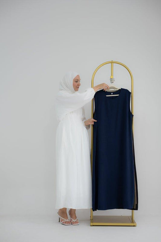 Iris Slip dress maxi length sleeveless in mat crinkle effect fabric in navy color - ANNAH HARIRI