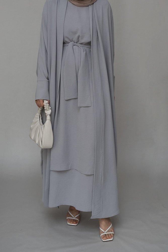 Isaabella three piece abaya set with ling sleeve slip dress throw over and a belt in grey - ANNAH HARIRI