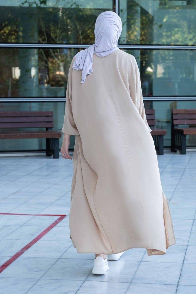 Janeti linen natural fabric 3 piece set with inner slip dress, apron and open front abaya in beige - ANNAH HARIRI