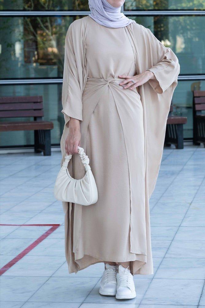 Janeti linen natural fabric 3 piece set with inner slip dress, apron and open front abaya in beige - ANNAH HARIRI