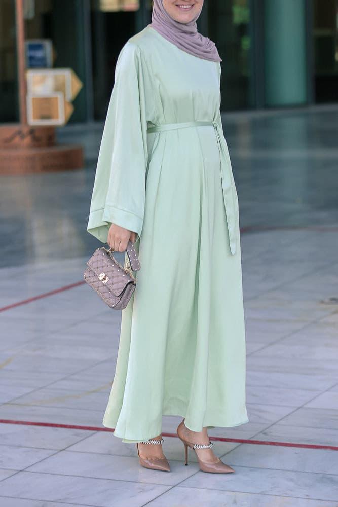 Jasina plain lightweight abaya with kimono long sleeve and belt in mint green - ANNAH HARIRI