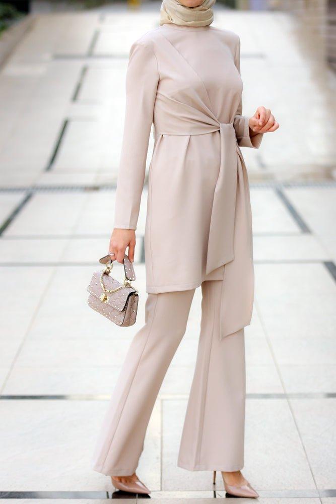 Joyaa long sleeve midi top and bootcut trouser set in beige - ANNAH HARIRI
