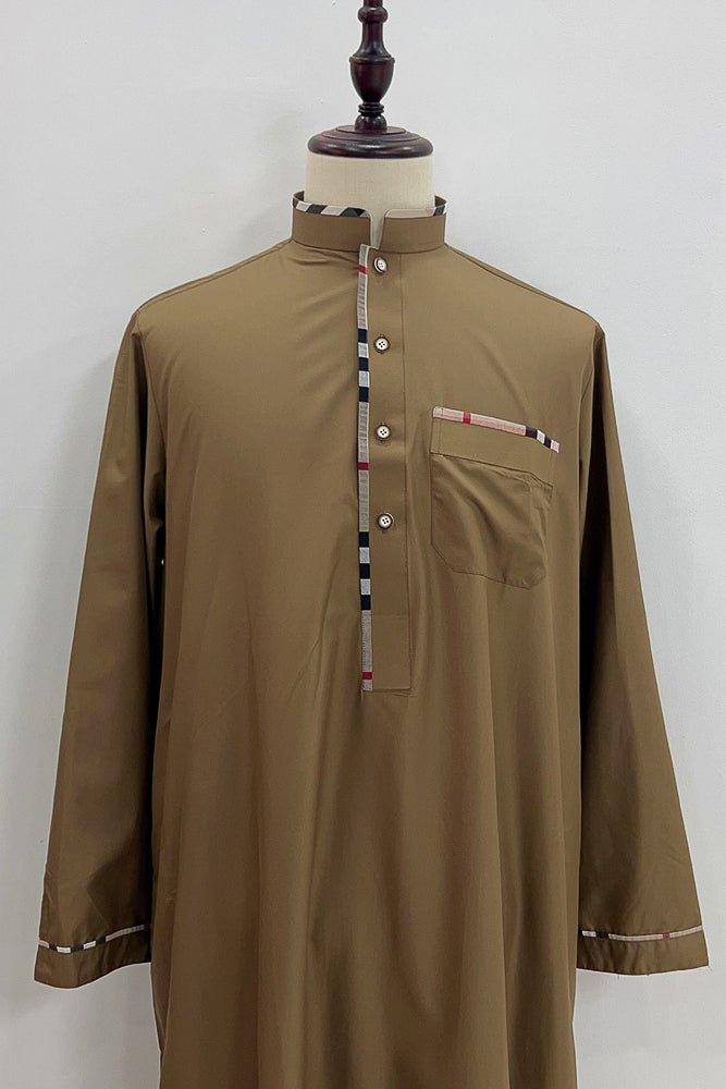 Kandura Men's Classic Style With Collar and contrast piping in Brown - ANNAH HARIRI
