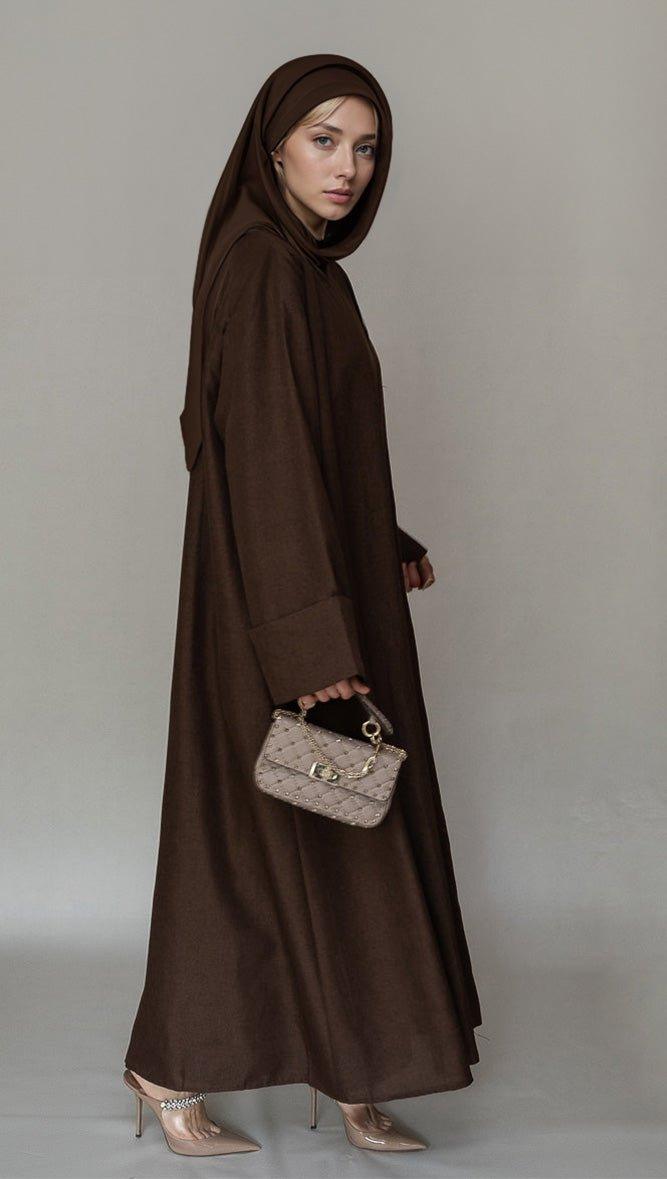 Kattyia Abaya throw over bisht fabric in Cofee color with a detachable belt - ANNAH HARIRI