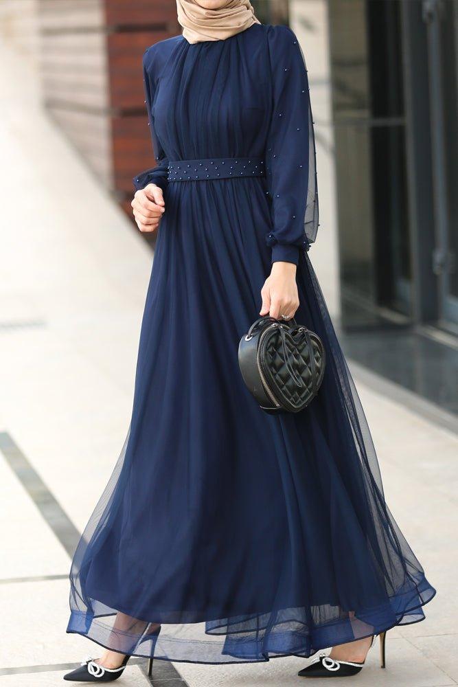 Kaytei maxi tulle dress with long sleeve in dark blue - ANNAH HARIRI