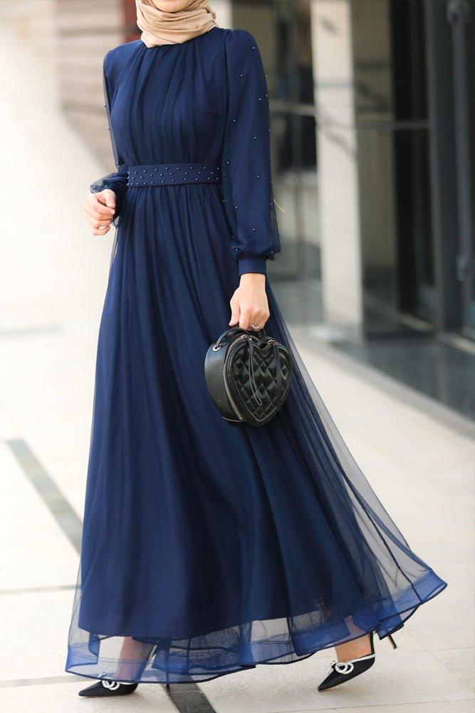 Kaytei maxi tulle dress with long sleeve in dark blue - ANNAH HARIRI