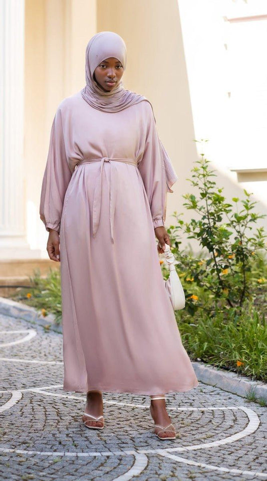 Khaki Brontei satin plain abaya dress with long elasticated sleeves and belt - ANNAH HARIRI