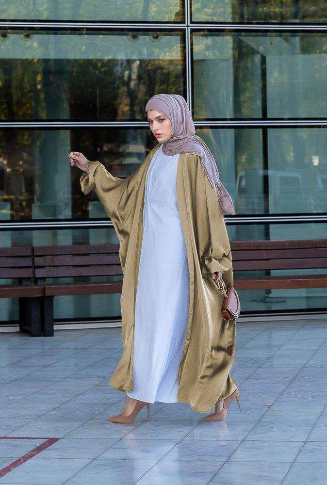 Khaki Loves open front maxi satin abaya throw over - ANNAH HARIRI