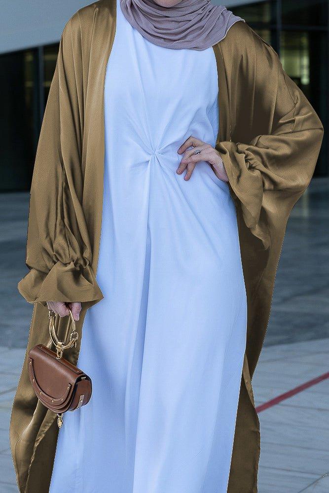 Khaki Loves open front maxi satin abaya throw over - ANNAH HARIRI