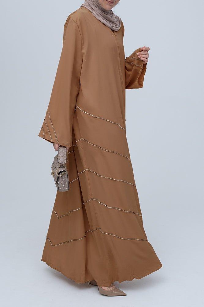 Khaki Mirea sparkle abaya with crystals details for Eid special occasion - ANNAH HARIRI