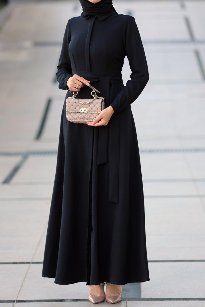 Lada long sleeve crepe belted maxi shirt dress in black - ANNAH HARIRI