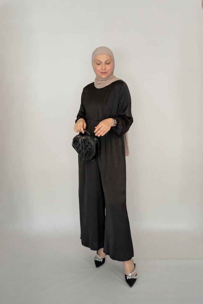 Lalala Tall elasticated waist palazzo jumpsuit in satin black - ANNAH HARIRI