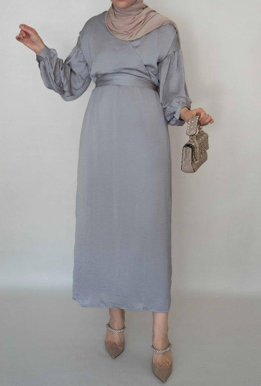 Laserra tier sleeve dress in satin grey maxi length  - ANNAH HARIRI
