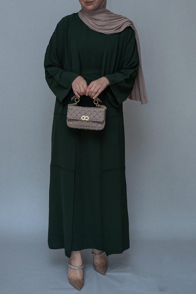 Latinia three piece maxi abaya in dark green with apron and inside out stitching - ANNAH HARIRI