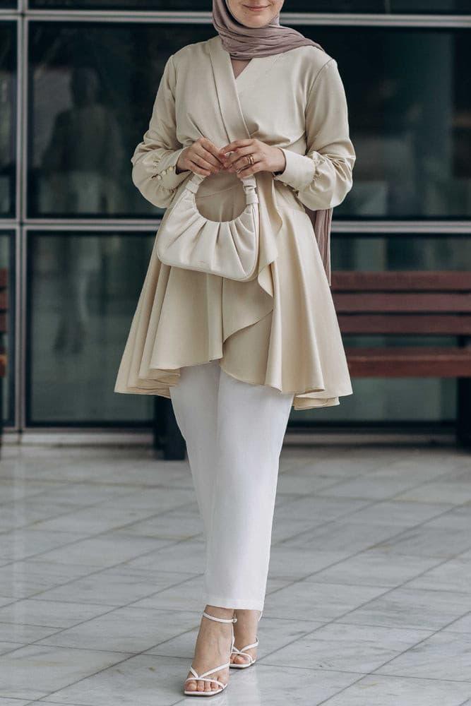 Laurel modest tunic with maxi sleeve and uneven cut in beige - ANNAH HARIRI