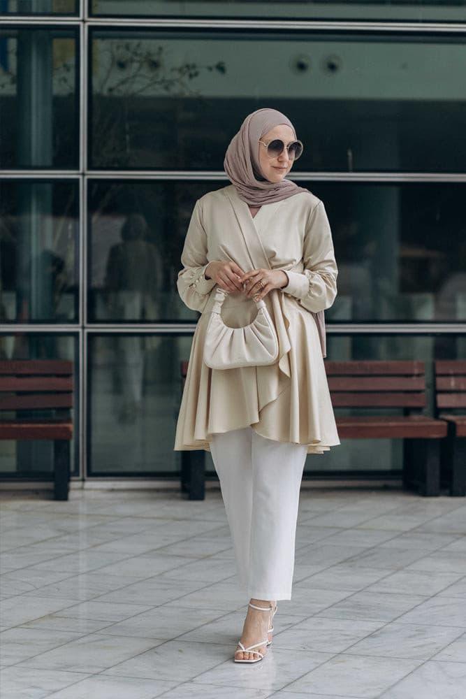 Laurel modest tunic with maxi sleeve and uneven cut in beige - ANNAH HARIRI