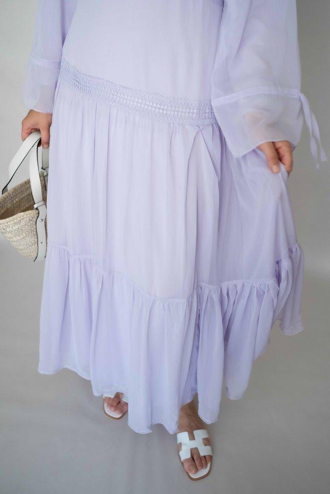 Lavender Vivvie classic chiffon dress lined not sheer with maxi sleeve and lace detail - ANNAH HARIRI