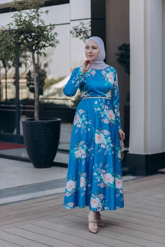Leena satin maxi dress with long sleeve in blue - ANNAH HARIRI