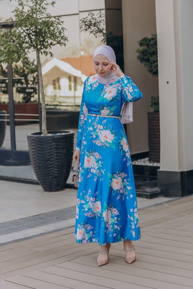 Leena satin maxi dress with long sleeve in blue - ANNAH HARIRI