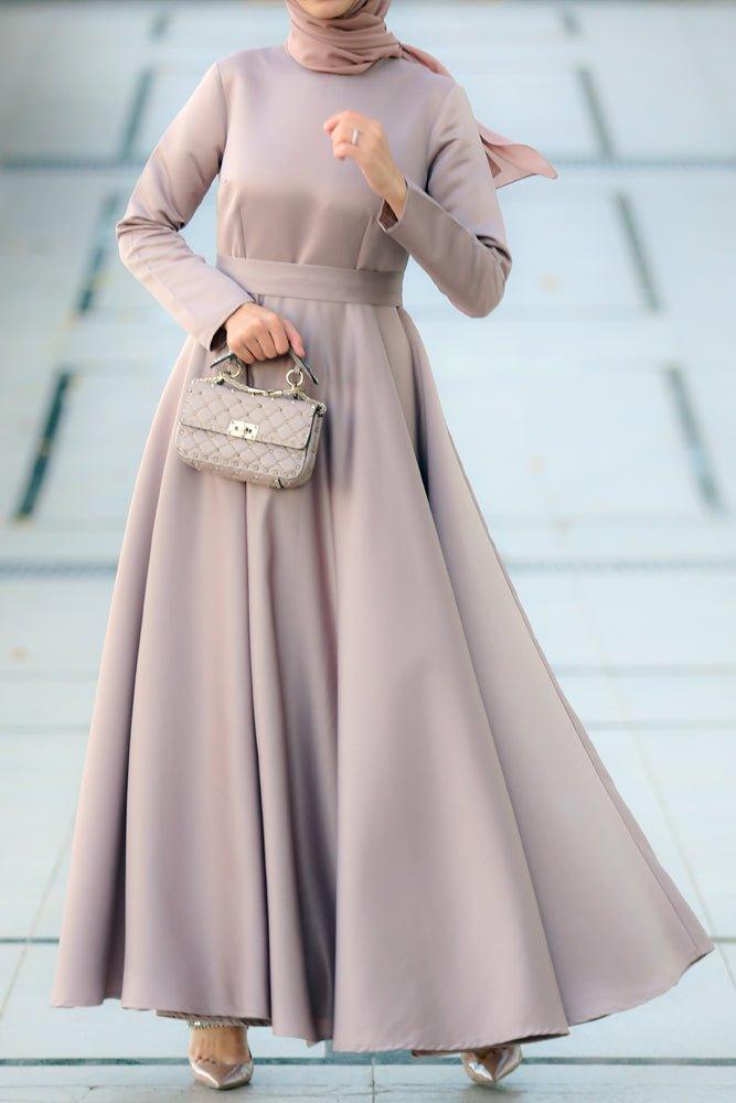 Liana Tall bridesmaid satin maxi dress with long sleeve in mink - ANNAH HARIRI