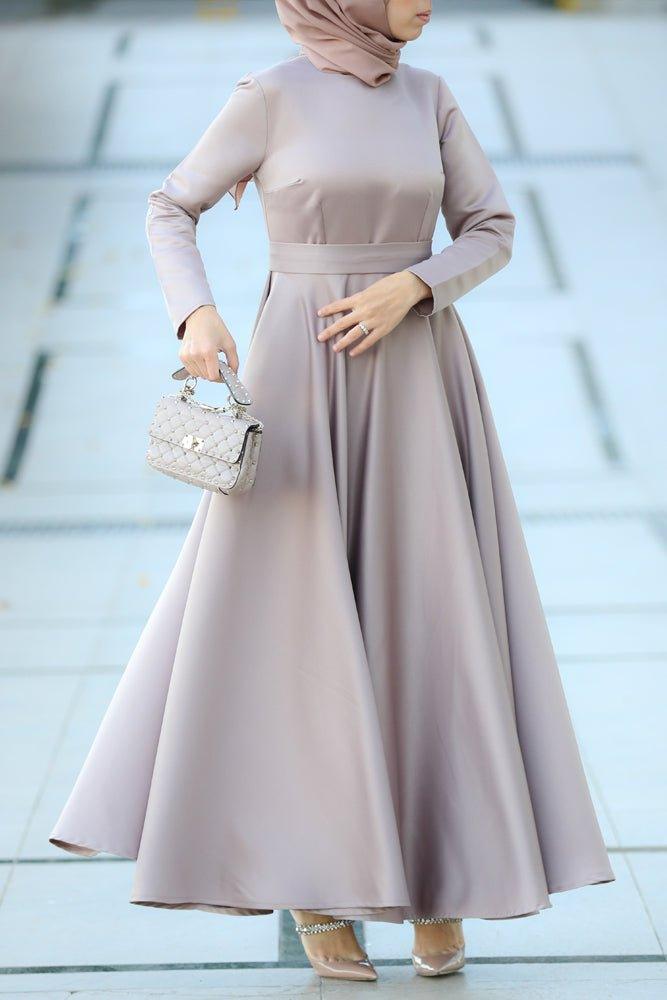 Liana Tall bridesmaid satin maxi dress with long sleeve in mink - ANNAH HARIRI