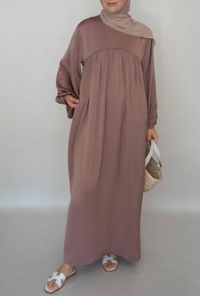 Libre abaya dress with gathered bodice in pink and balloon elasticated sleeves - ANNAH HARIRI