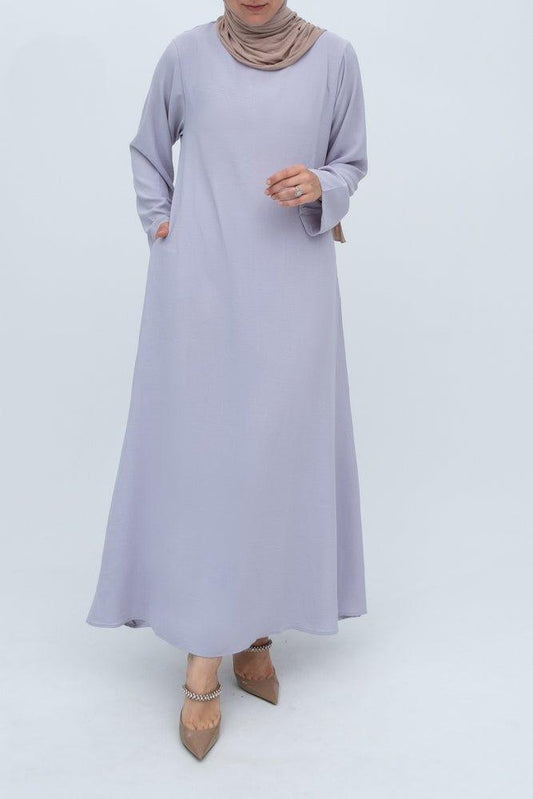 Light Gray Kira loose slip dress with pockets in maxi length and with long sleeve - ANNAH HARIRI