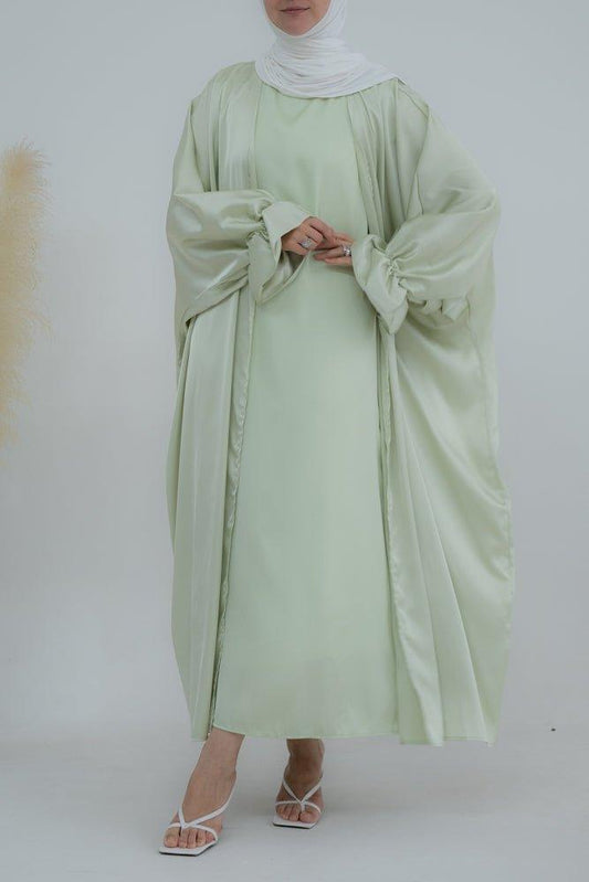 Light green Loves open front maxi satin abaya throw over - ANNAH HARIRI
