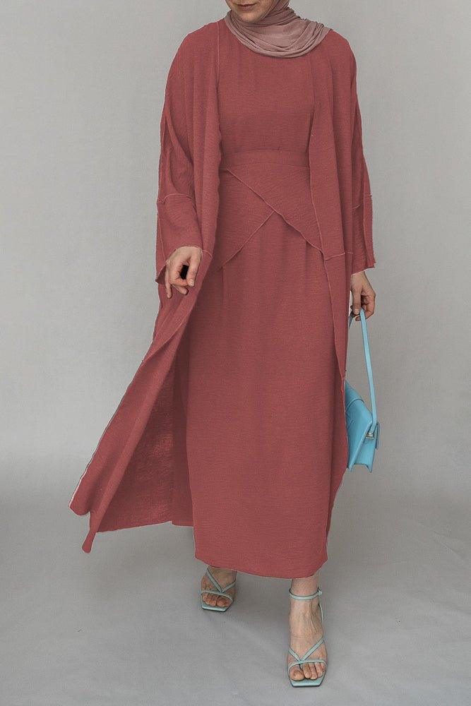 Light Pink three piece maxi abaya with apron and inside out stitching - ANNAH HARIRI