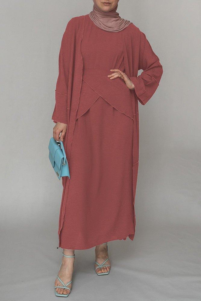 Light Pink three piece maxi abaya with apron and inside out stitching - ANNAH HARIRI
