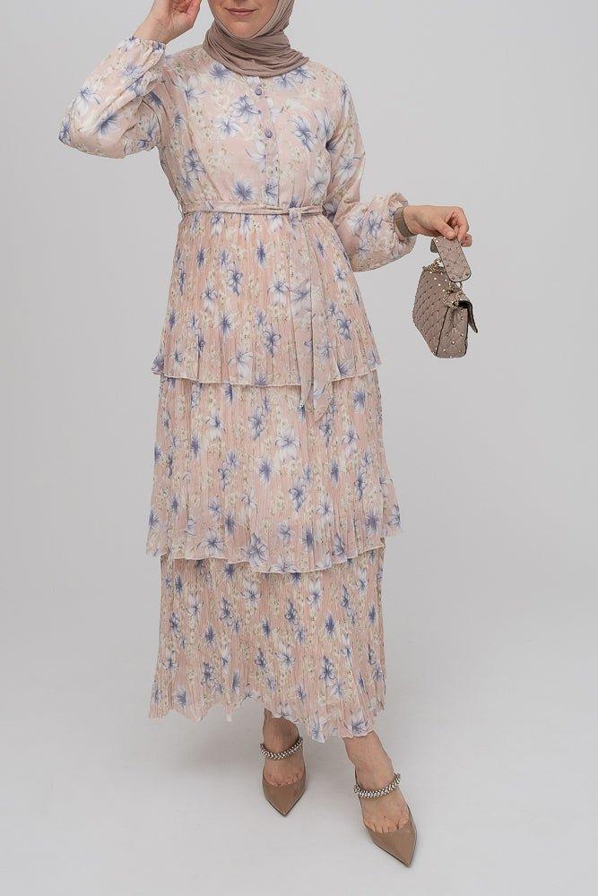 Lili ditsy floral maxi dress long sleeve with a pleated three tier skirt and a detachable belt - ANNAH HARIRI