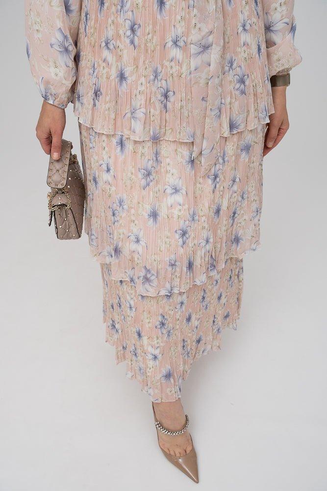 Lili ditsy floral maxi dress long sleeve with a pleated three tier skirt and a detachable belt - ANNAH HARIRI