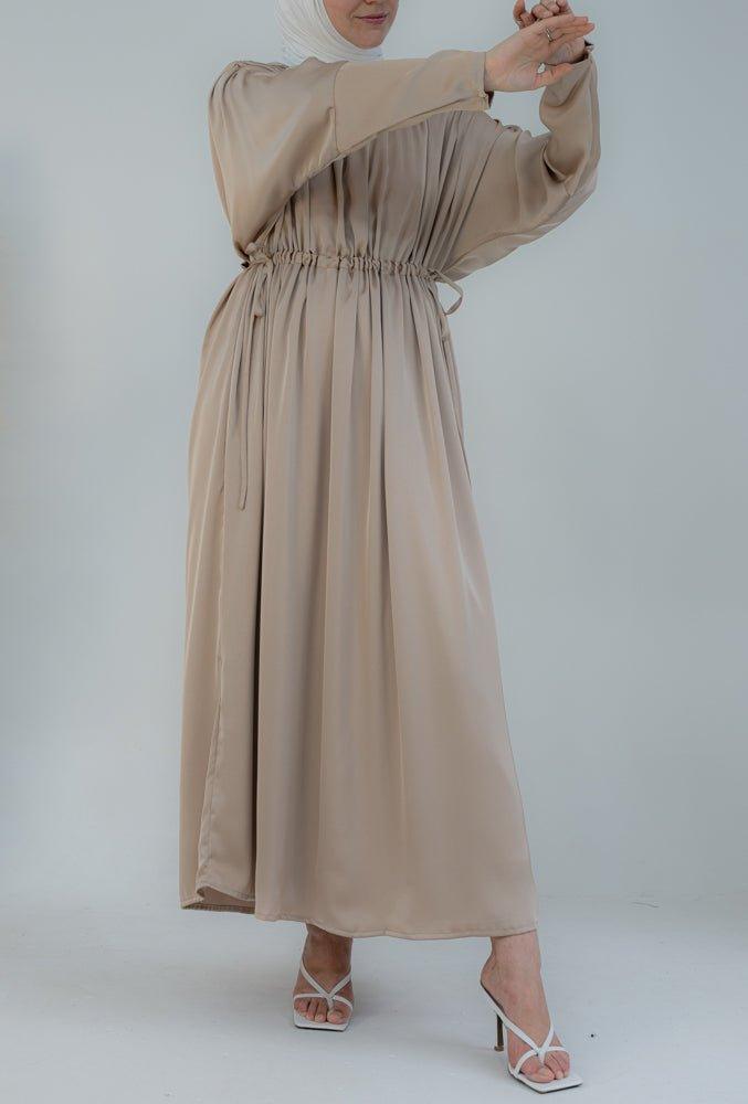 Lilita gathered batwing sleeve maxi dress with tie waist and boat neck in satin beige - ANNAH HARIRI