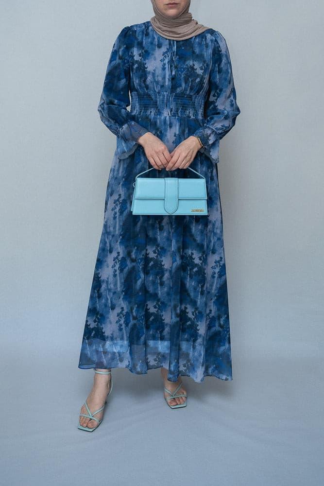 Lilymay maxi dress with shirred waist and ruched maxi sleeve in ocean blue - ANNAH HARIRI