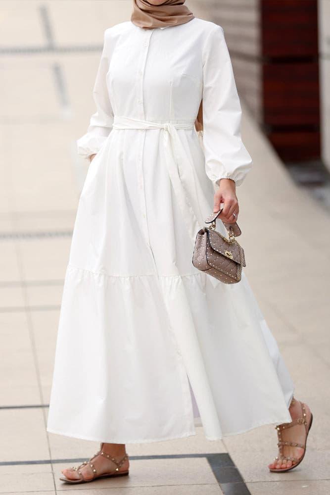 Livela collar neck button through tiered maxi dress with a detachable belt in white - ANNAH HARIRI