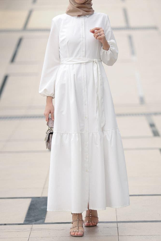 Livela collar neck button through tiered maxi dress with a detachable belt in white - ANNAH HARIRI